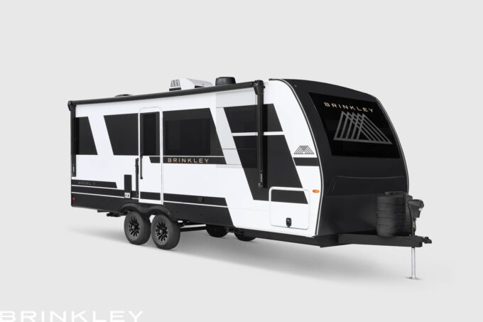 | Model I 235 Travel Trailers 25 Brinkley Model I RV with a modern automotive painted aluminum exterior built-to-last, shown against a clean white background.