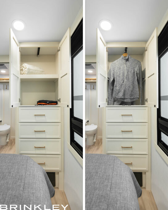Large Floor-to-Ceiling Travel Trailer RV Wardrobe for families and long road trips RVing.