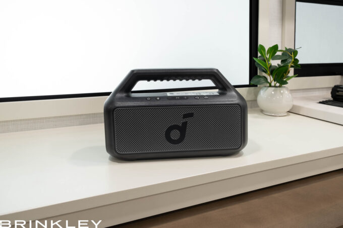 Brinkley RV Model Ix 20x interior showing a portable Bluetooth speaker for a short small compact travel trailer